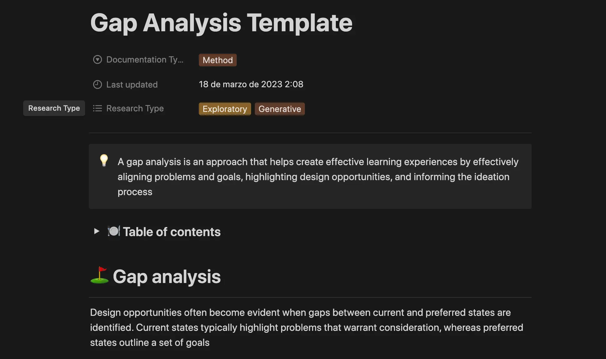 Notion's Gap Analysis Template helps you document the process or support you if it's your first time conducting one.
