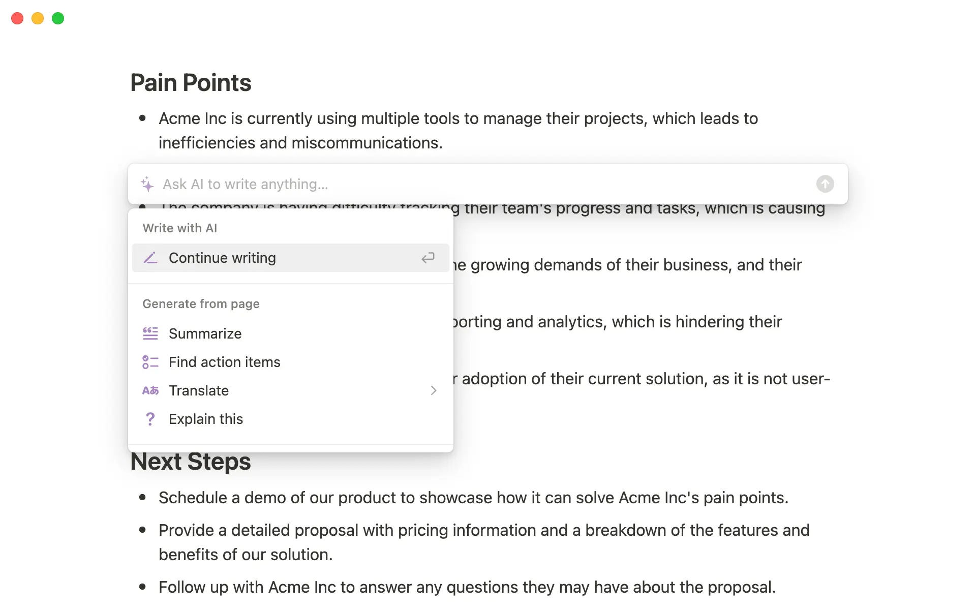 When you add a new block to a page with existing content, we prioritize tools which let AI generate more ideas or extract useful info.