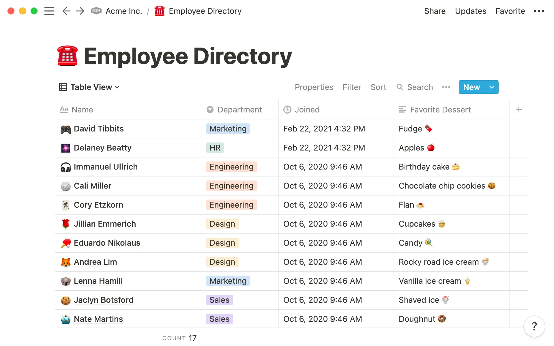 This employee directory uses the Create time property to note when employees joined the company.