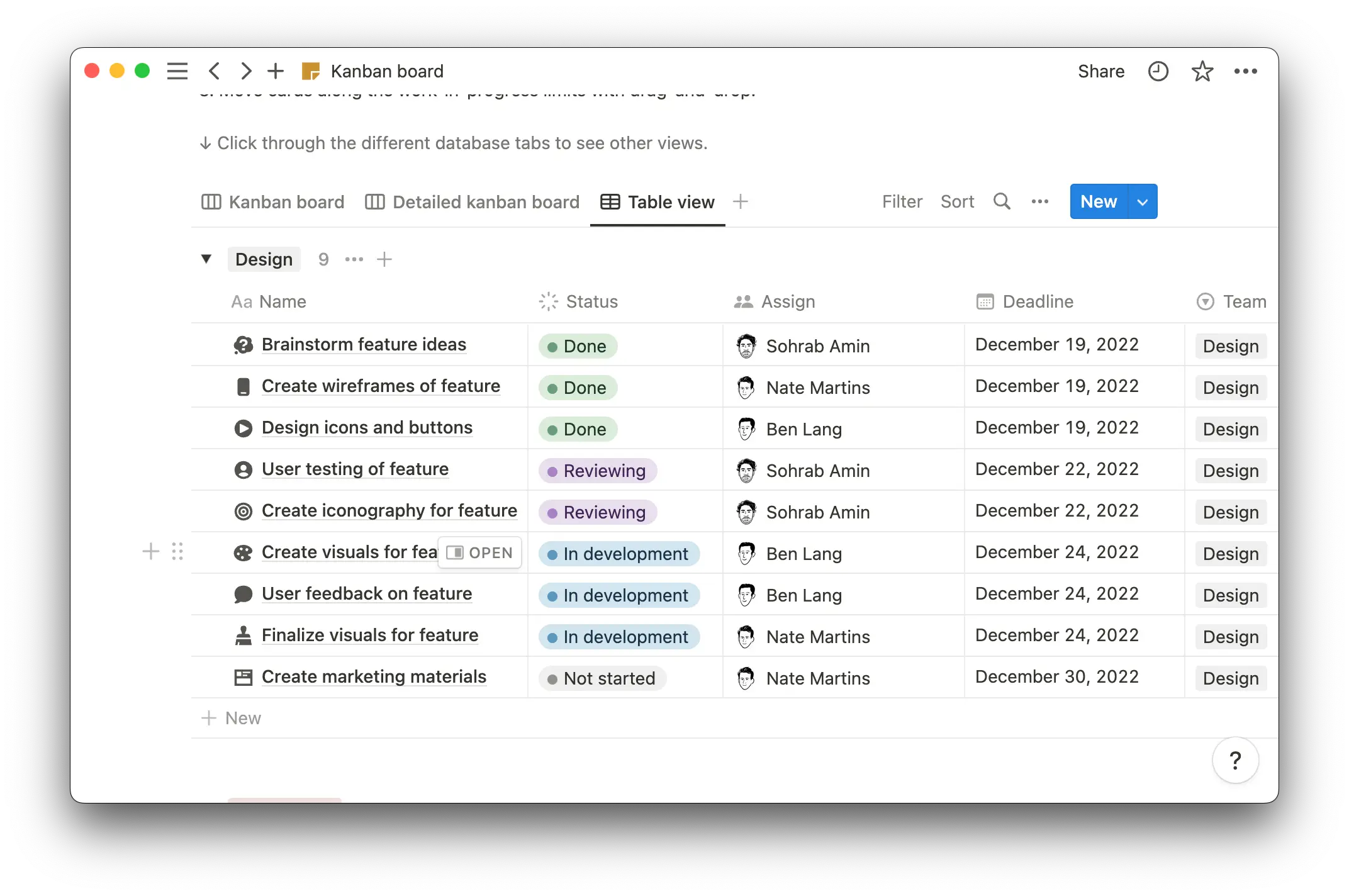 Kanban board table view