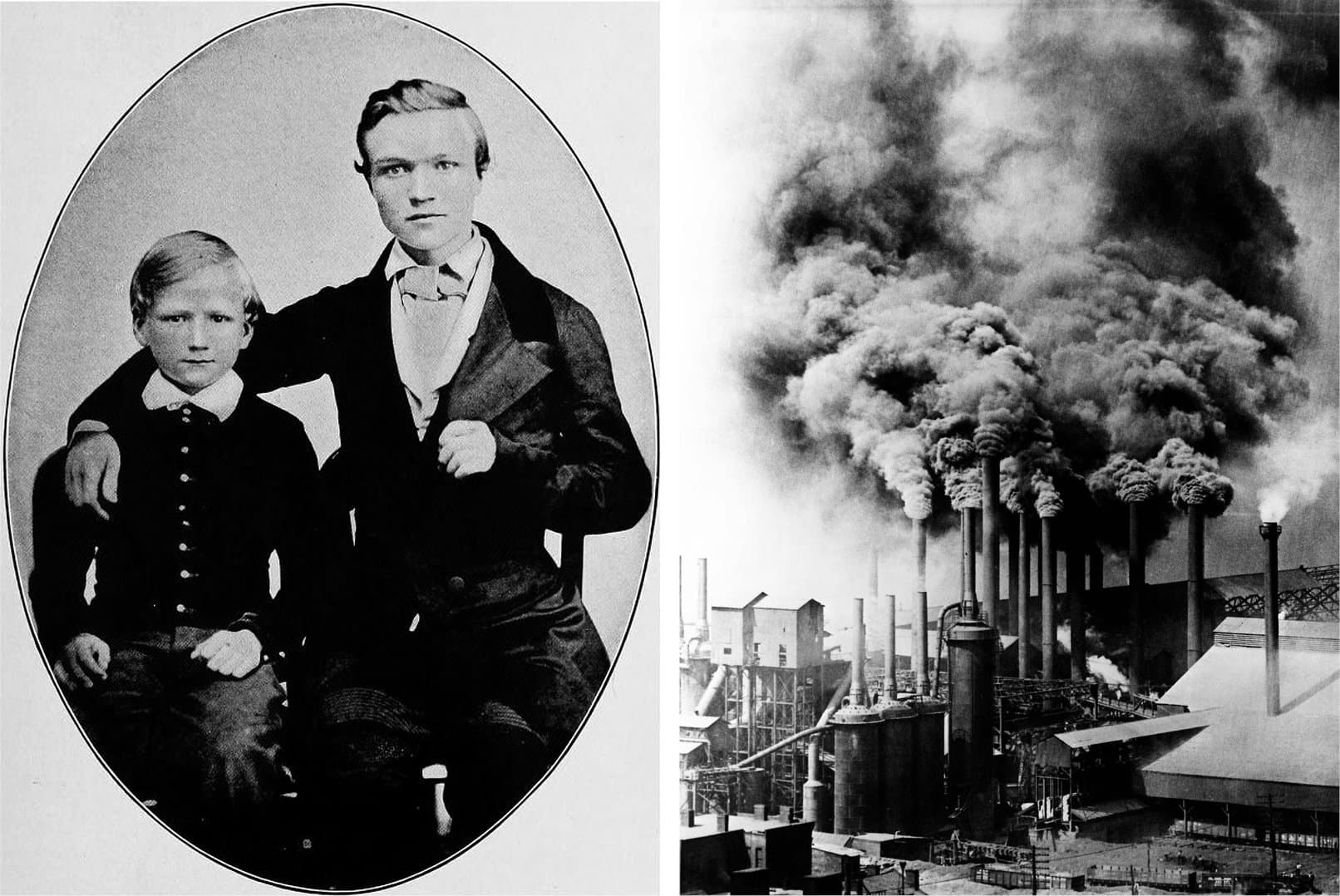 Links: de tiener Andrew Carnegie en zijn jongere broer. Rechts: De staalfabrieken van Pittsburgh tijdens de Gilded Age.