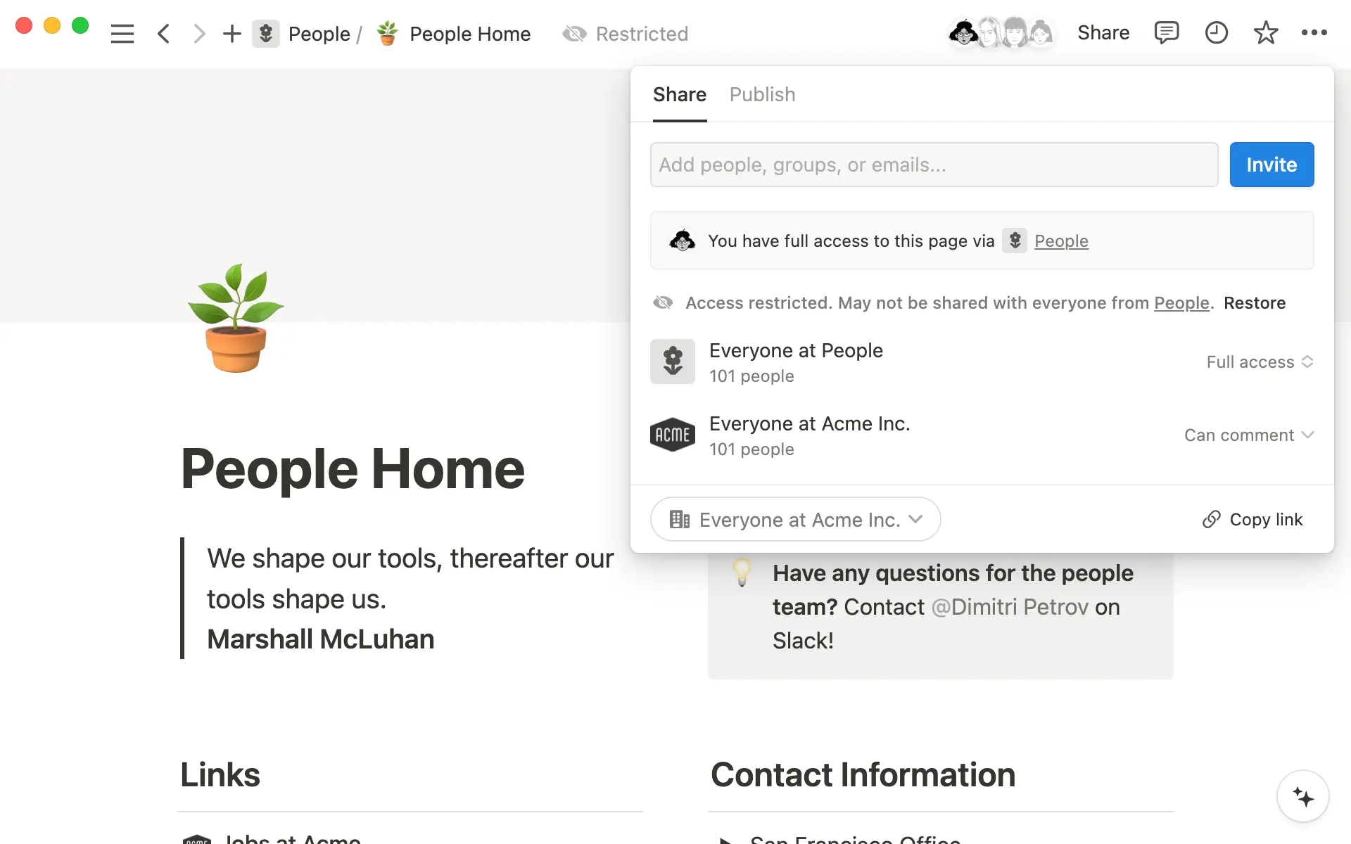 Notice here how the whole company can view this page, but only HR can edit it.