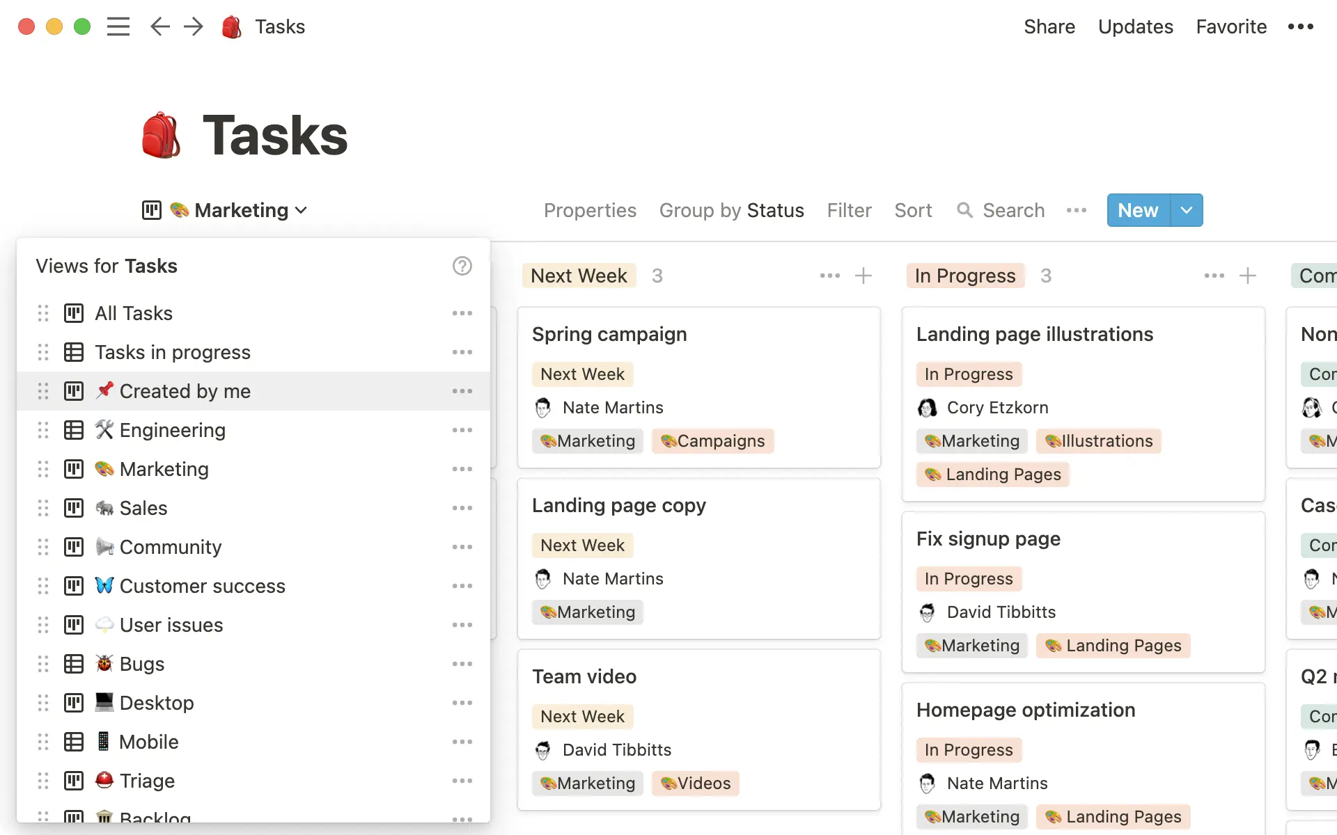 There are many views of the shared tasks database, like views for teams and people.