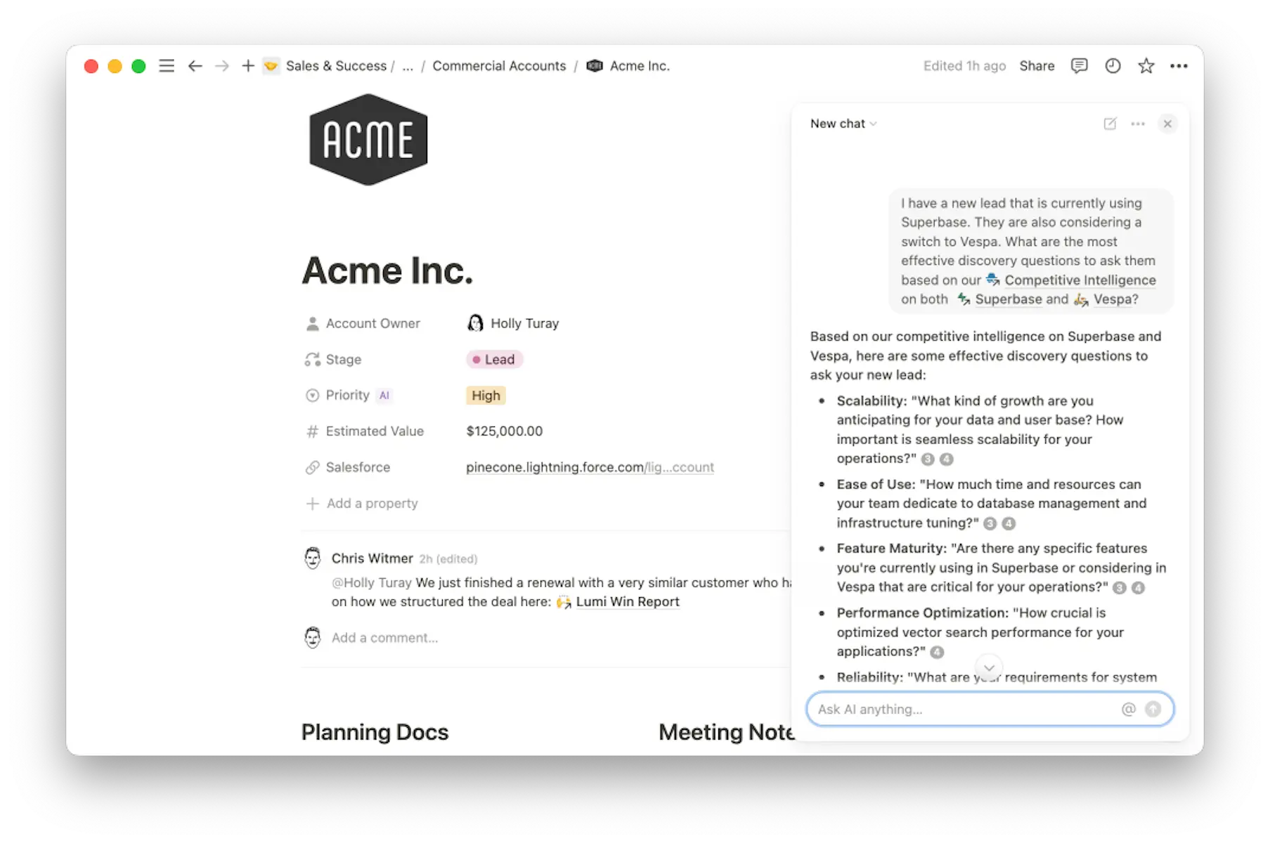 When sellers are on calls with customers they need instant access to the knowledge in your battle cards, competitive analysis, roadmap, and more. With Notion AI, all they need to do is ask a question, and they’ll get an instant response.