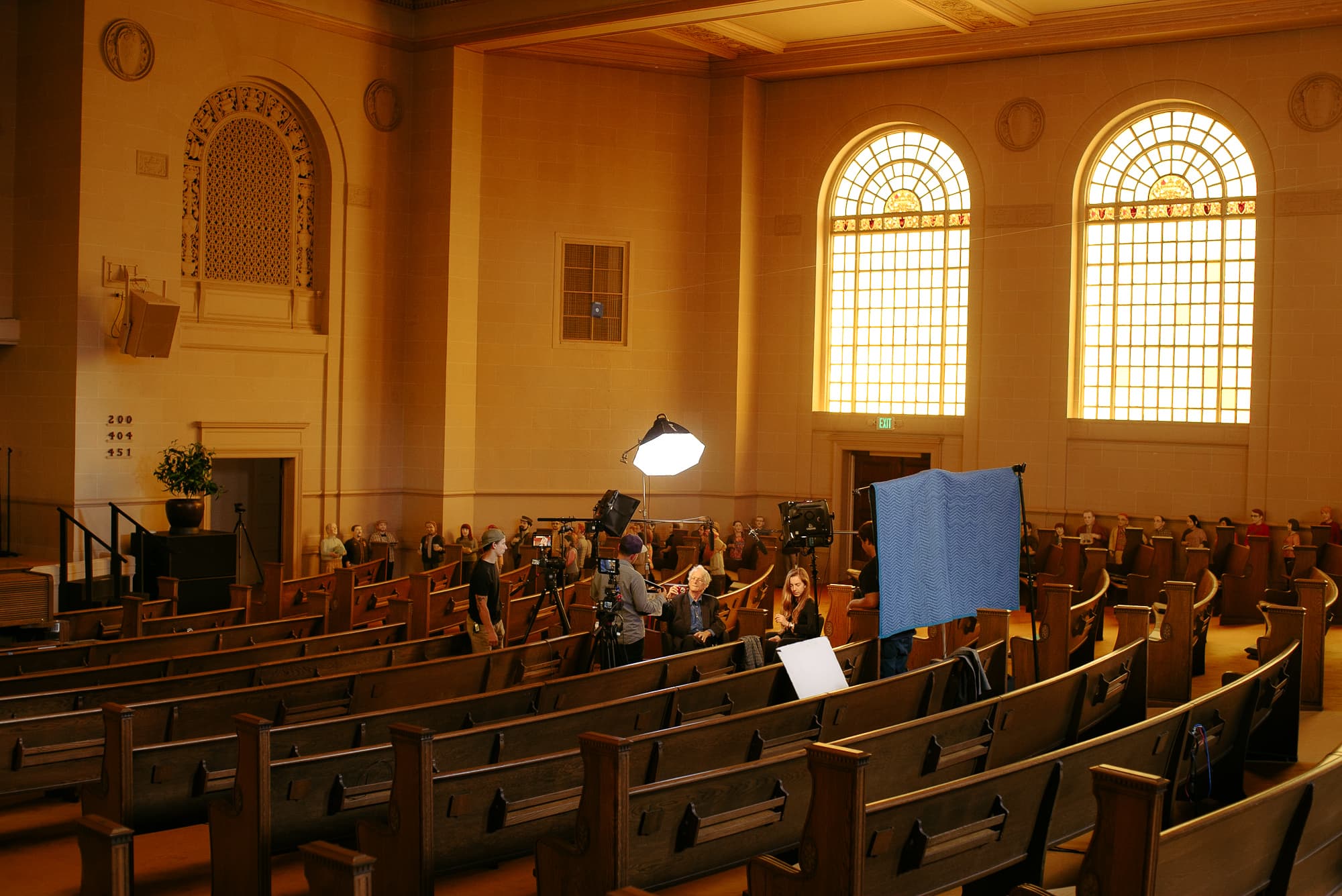 Filming in the Great Room of the old church that's home to the Internet Archive.