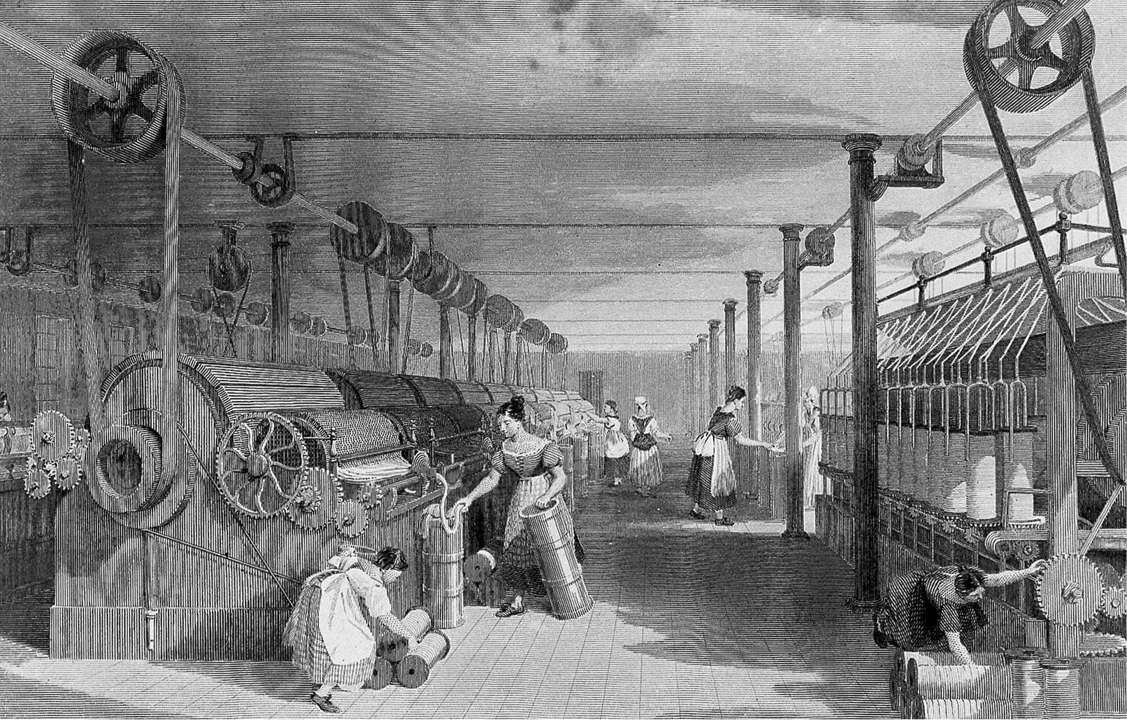 Deze gravure uit 1835 van Thomas Allom toont een textielfabriek in Lancashire in het Verenigd Koninkrijk. De fabriek werd aangedreven door stoommachines.