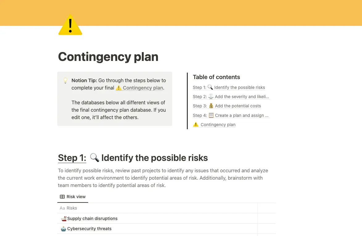 Notion's contingency plan template provides a solid guide to determine a crisis action plan.
