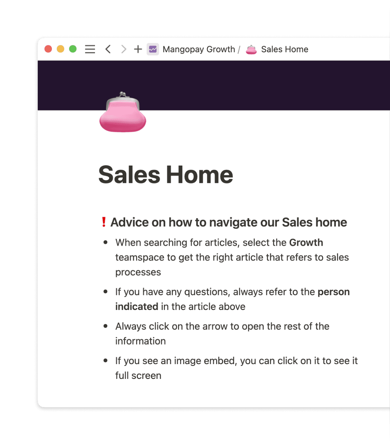 Each Mangopay team has a home page with essential information that makes it easier for employees to do their job and be more productive.