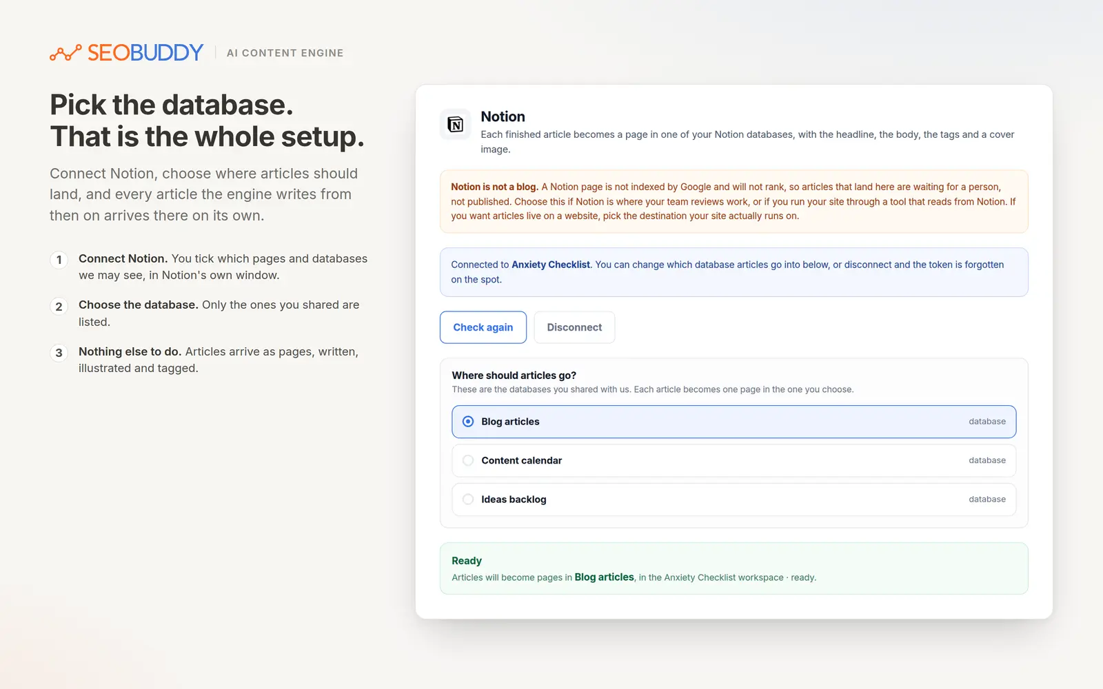 Turns your Search Console data into finished articles, delivered into a Notion database.