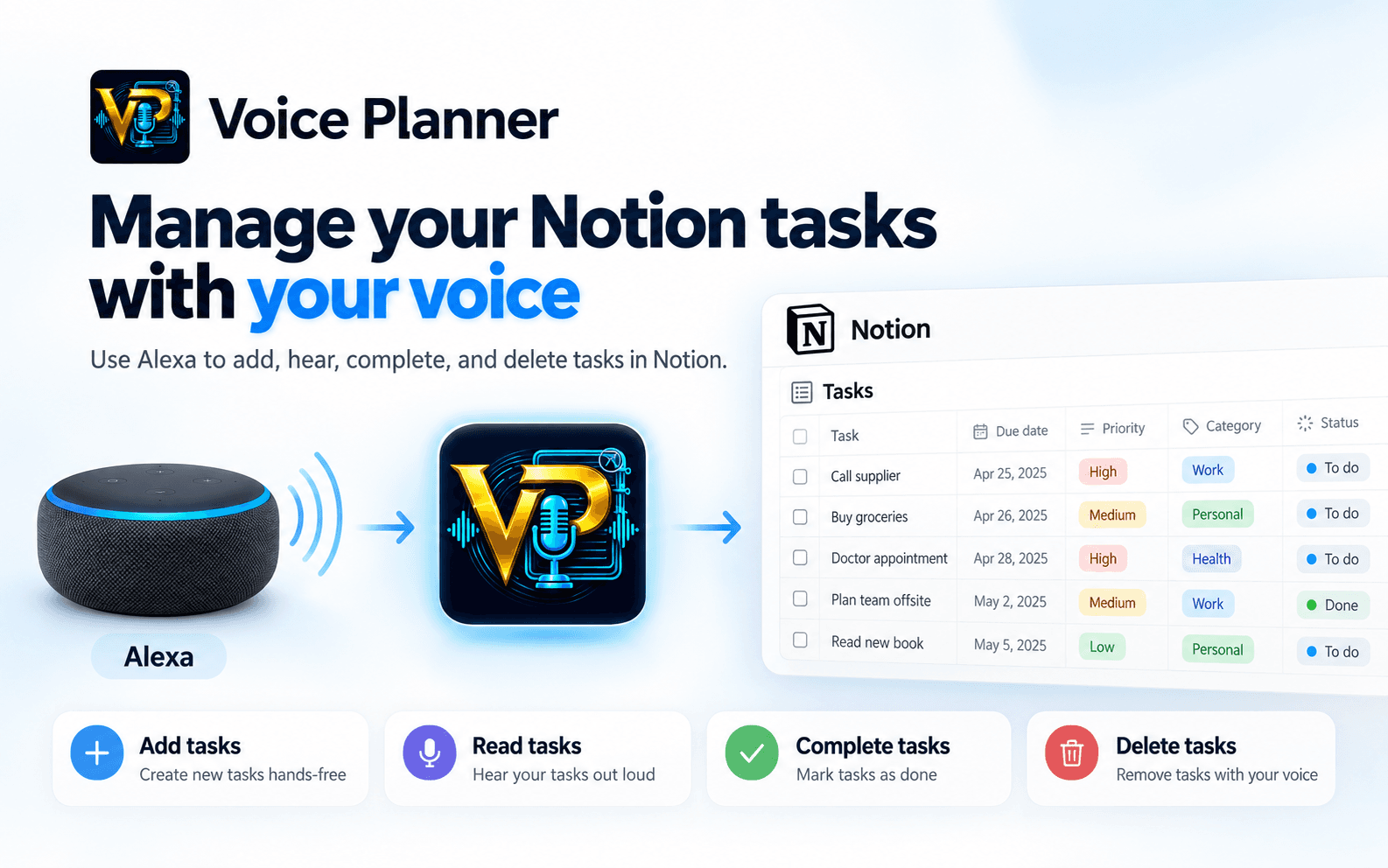 Manage your Notion tasks with your voice through Alexa.