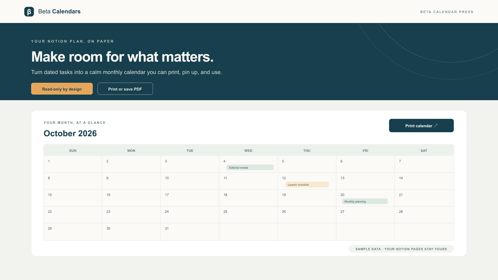Print your Notion tasks as a monthly calendar.