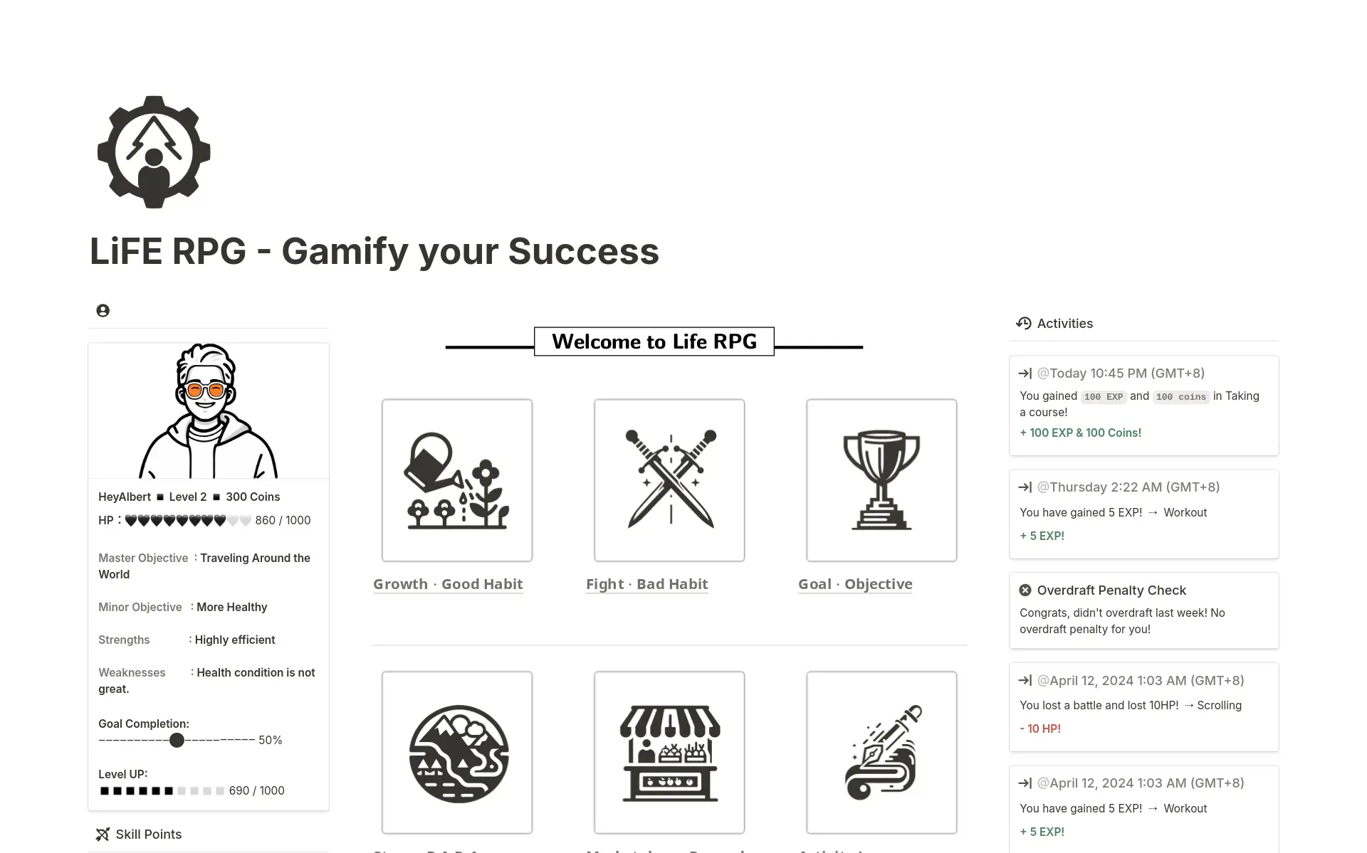 Screenshot of Templates to Gamify your Life collection by Notion
